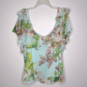 New York & Company Floral Ruffle Blouse - Light Blue Size Large Great Condition